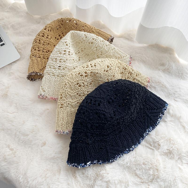 Stylish Round Top Knit Sun Hat With Floral Lace Trim Lightweight Sunscreen Bucket Cap For Summer