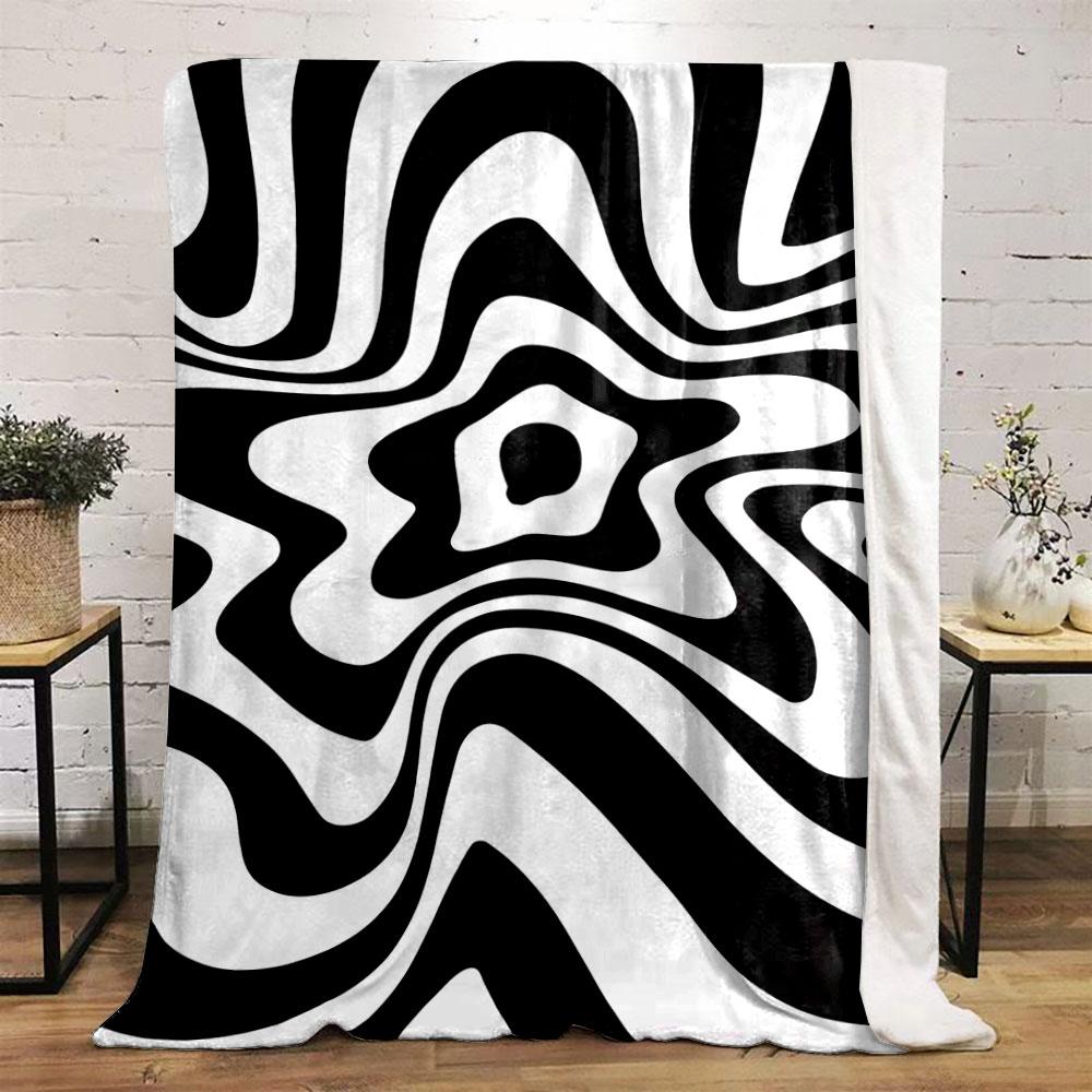 A Swirling Black and White Wave Pattern with a Distorted Star-like Center. for All Seasons Blanket Lunch Break Throw Gift