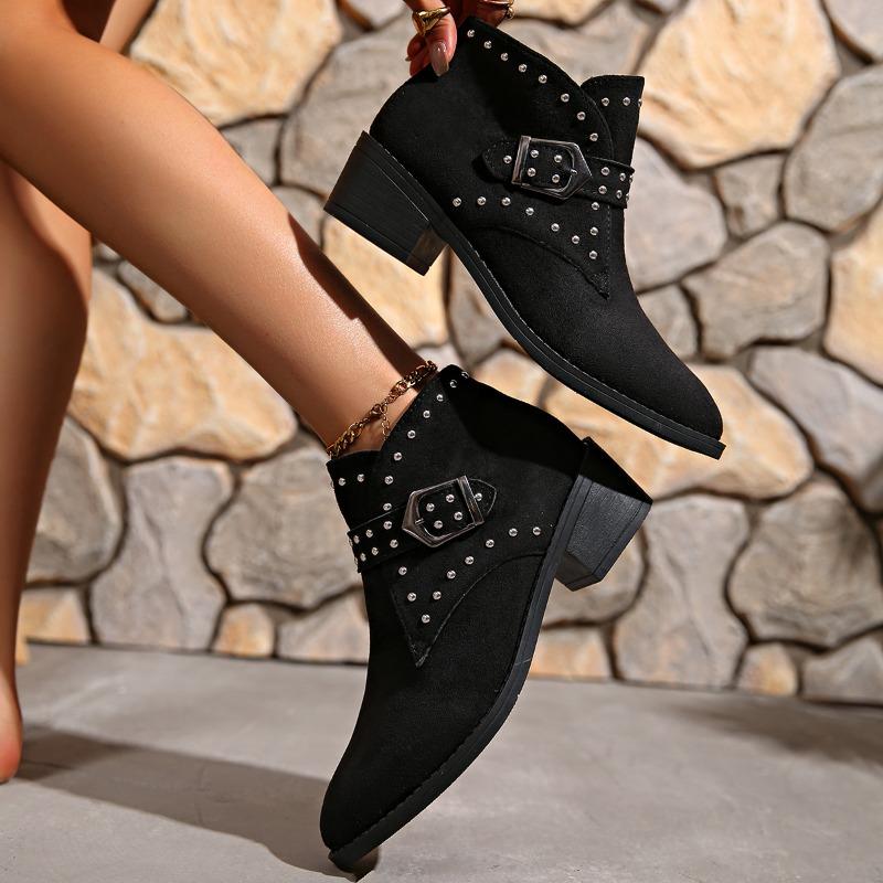 Autumn and Winter New Large Size Thick Heel Pointed Belt Buckle Rivet Short Boots Women