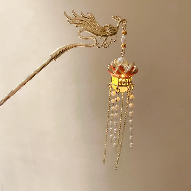 New Chinese Phoenix Luminous Lotus Tassel Hairpin Guochao Stepping Hairpin Antique Temperament Hanfu Hair Accessories Women