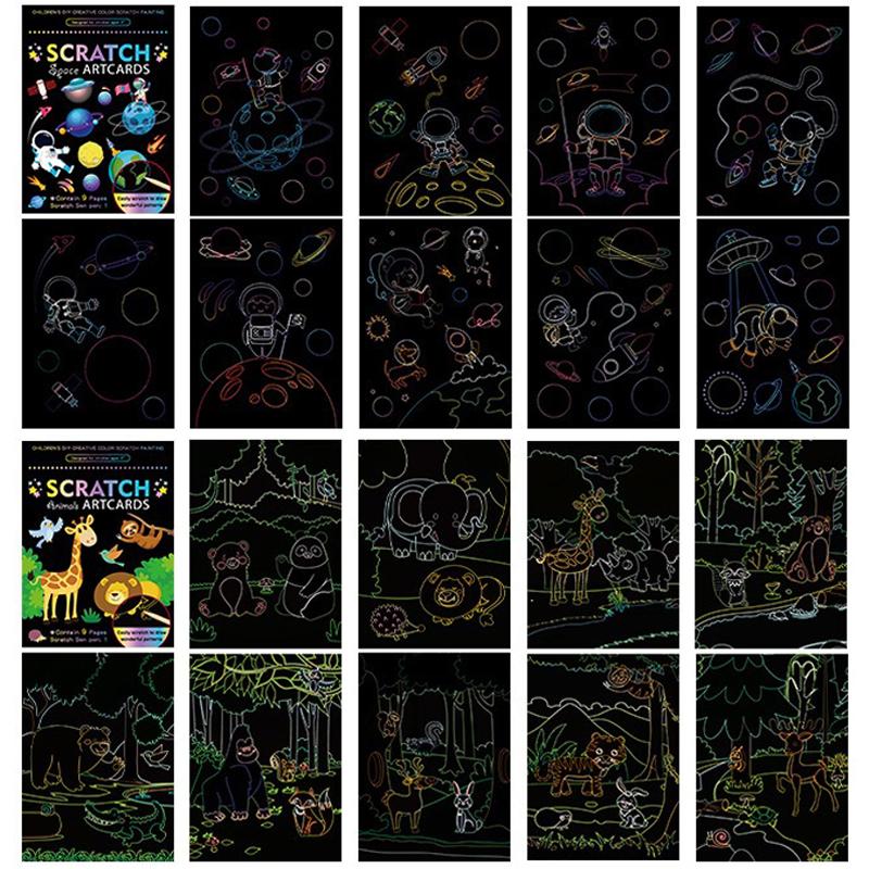 18 PCS Scratch Painting Papers Magic Rainbow Colored Drawing Set Space Animal Ocean Pirate Bamboo Stick Gifts for Boys Girls ZYF