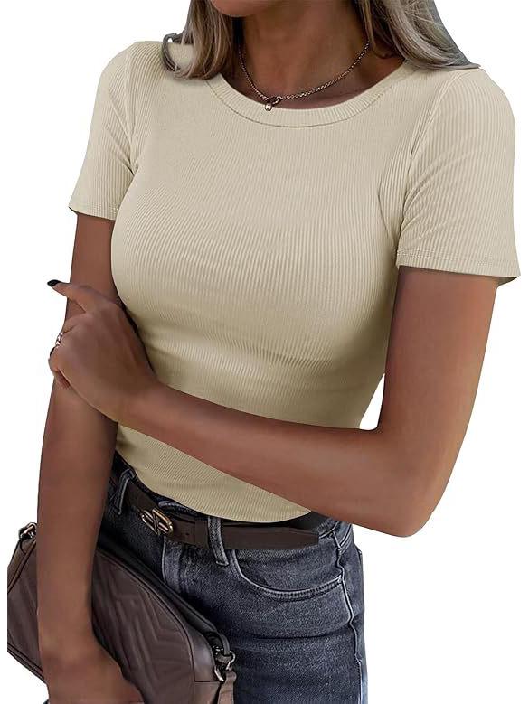 Women's Summer Ribbed Short Sleeve Stretchy Slim Fit Round Neck T-shirt