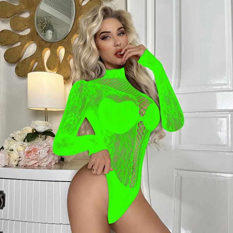 Backless Bodysuit Female Sexy Fishnet Hollow Exotic Costumes Lace Flower Long Sleeved High Fork Erotic Temptation Night Clubwear