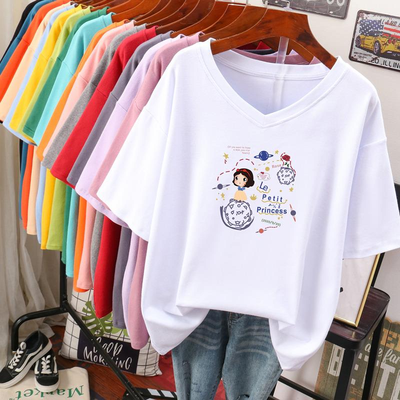 

Short-sleeved T-shirt for Women, Large Size, Loose and Slimming, Printed V-neck Top S білий