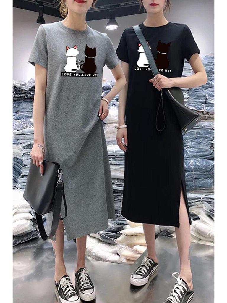 New Summer Black and White Cat Print Slit Dress - Loose, Slimming, Short Sleeve Women's Fashion
