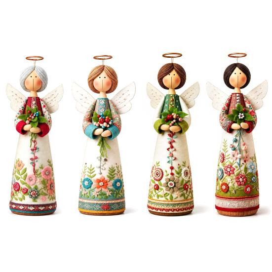 Hand-carved Decoration Vintage Floral Figurine Ornament, Hand Carved Flower Angel Statue, Decorative Figure with Wings Home Table for Living