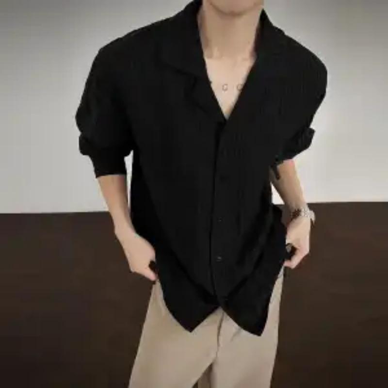 Camisa Texturizada Transparente de Verano para Hombre Holgada con Solapa de Manga Larga Casual