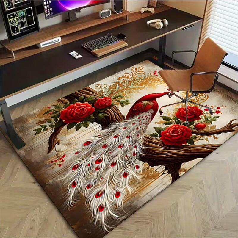 1PC Peacock Roses Extra Large Non Slip Floor carpet, Office, family, bedroom, Studio Large Area Rug Indoor Rugs