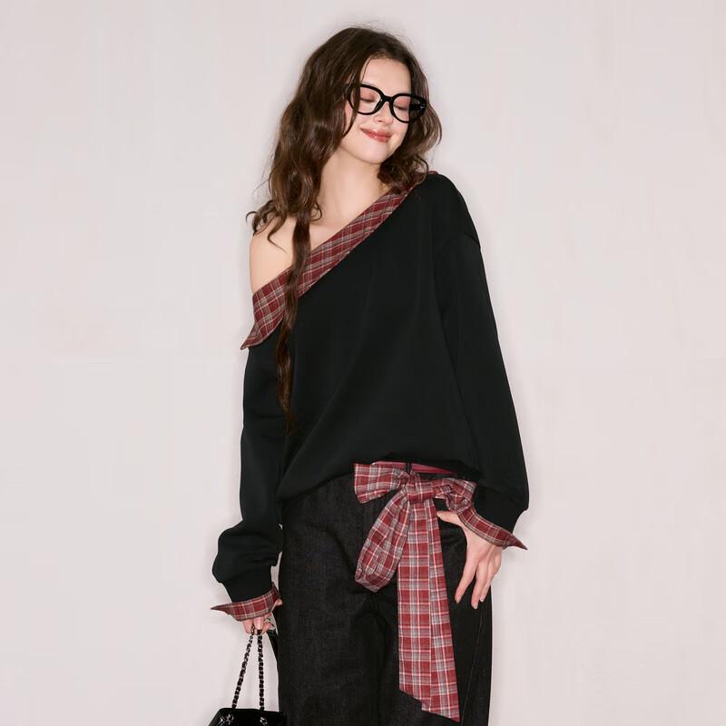

SanCai DuXing 2025 Autumn Retro Plaid Patchwork Loose Sweatshirt L