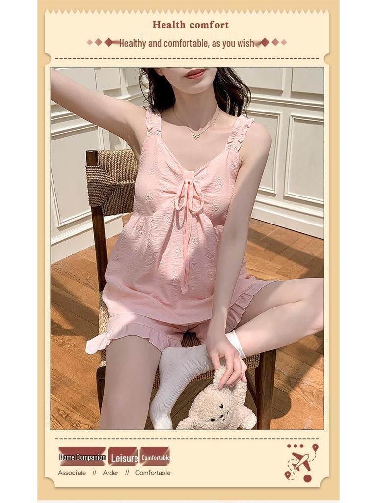 2026 Summer Women's Cloud Cotton Pajama Set with Built-in Bra, Princess Style Camisole, Sweet Home Wear