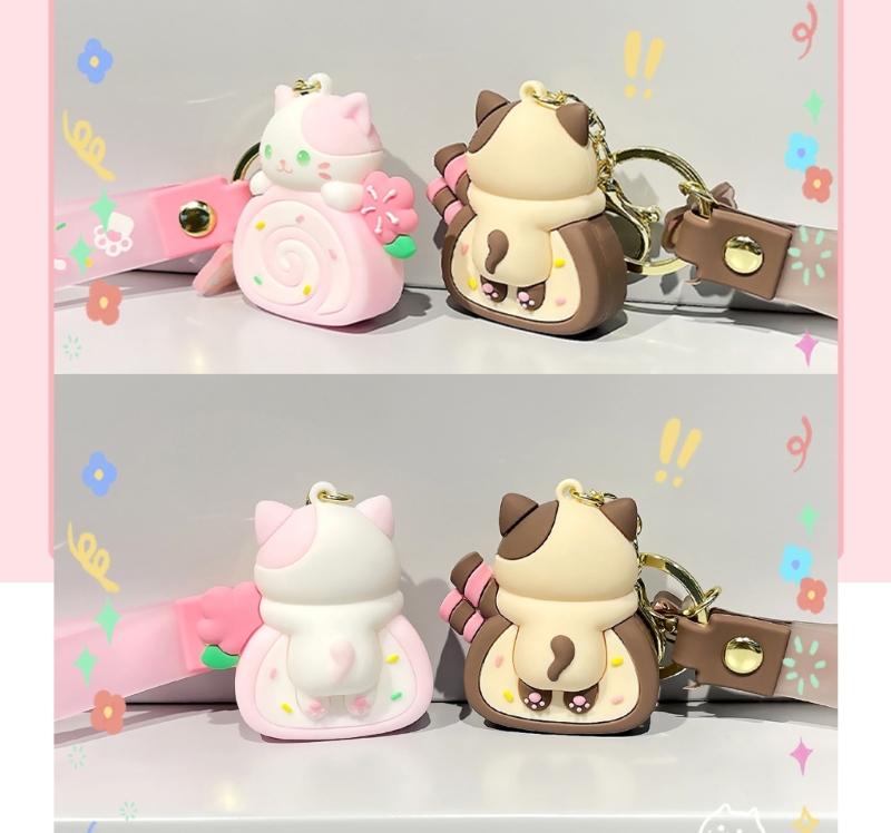 Cartoon Cat Cake Roll Keychain Jewelry Chic Cat Cake Roll Pendant Keyrings Phone Lanyard Key Chain Charm for Bag Purse