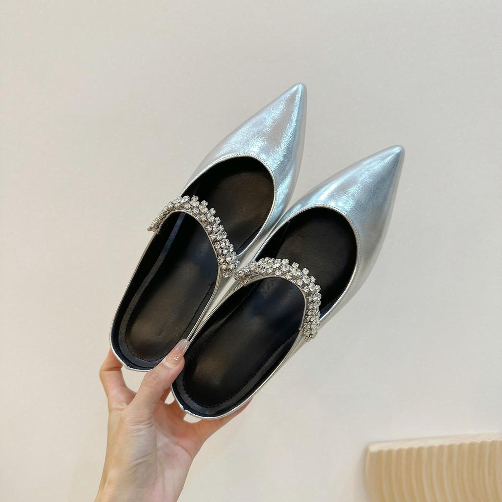 Rhinestone half drag increases height by 4 cm, nude pure desire, sexy pointed head half drag, wearing female cool slippers, fairy style women's shoes