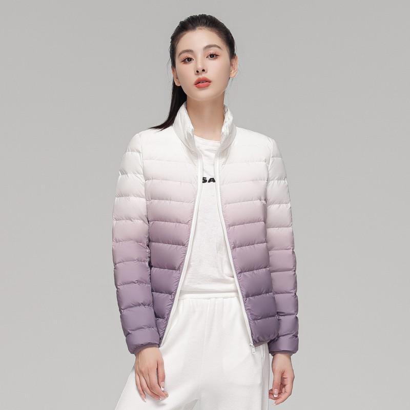 Womens Lightweight Down Jacket Winter Hooded Stand Collar Gradient Color Plus Size 90% White Duck
