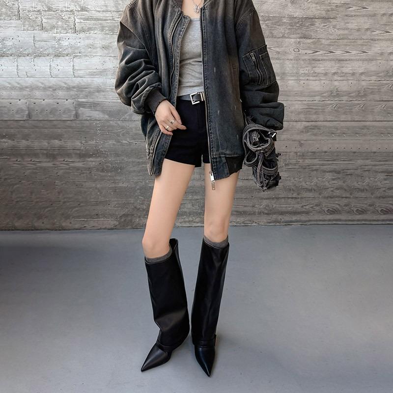 Ladies' Square-Button Trouser Boots Pointed Slender Heels High Heels Long Boots That Don'T Reach The Knee Stylish Fashion Boots