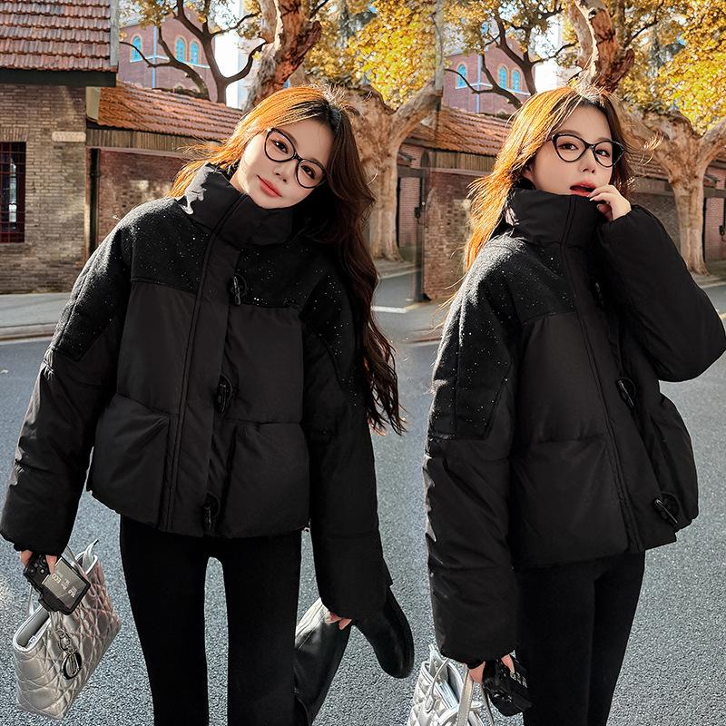 European sequined splicing stand-up collar short cotton jacket horn buckle 2025 winter new small warm cotton coat