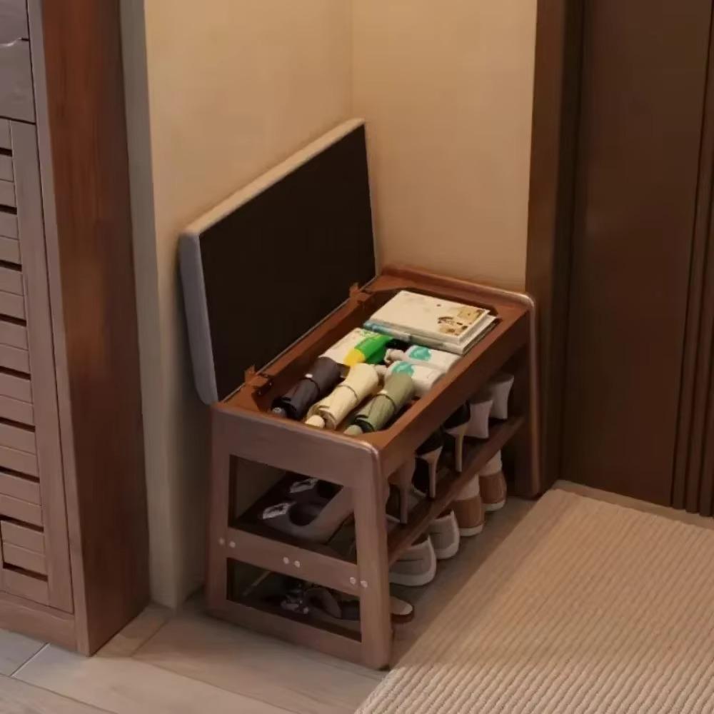 Solid Wood Shoe Entryway Thickly Padded Shoe Bench Anti-Collapse Hallway Breathable Storage Stools Living Room Changing Stool