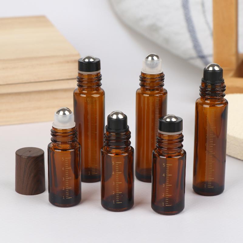 5ml 10ml Bursztynowe Przezroczyste Szklane Butelki Roll-on Plastikowa Nakrętka Imitująca Drewno Próbne Buteleczki z Kulka do Olejków Eterycznych Perfum