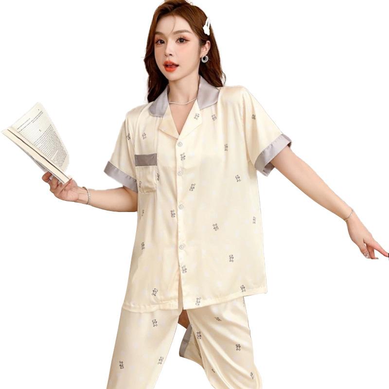 Seda Fria Primavera Fresca E Verão Roupa Exterior Casual Desenho Animado Manga Curta Calças Urso Estampa Completa Roupa de Dormir Conjunto