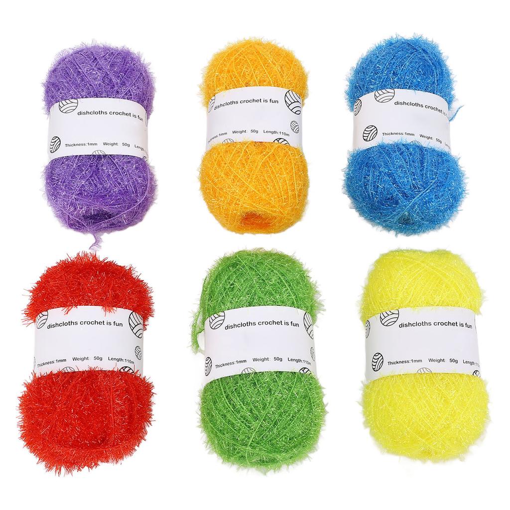 6 Pcs Shiny Yarn Multi Color Soft Cotton Glitter Sparkle Yarn with Stainless Steel Crochet Hook for Knitting Crafting