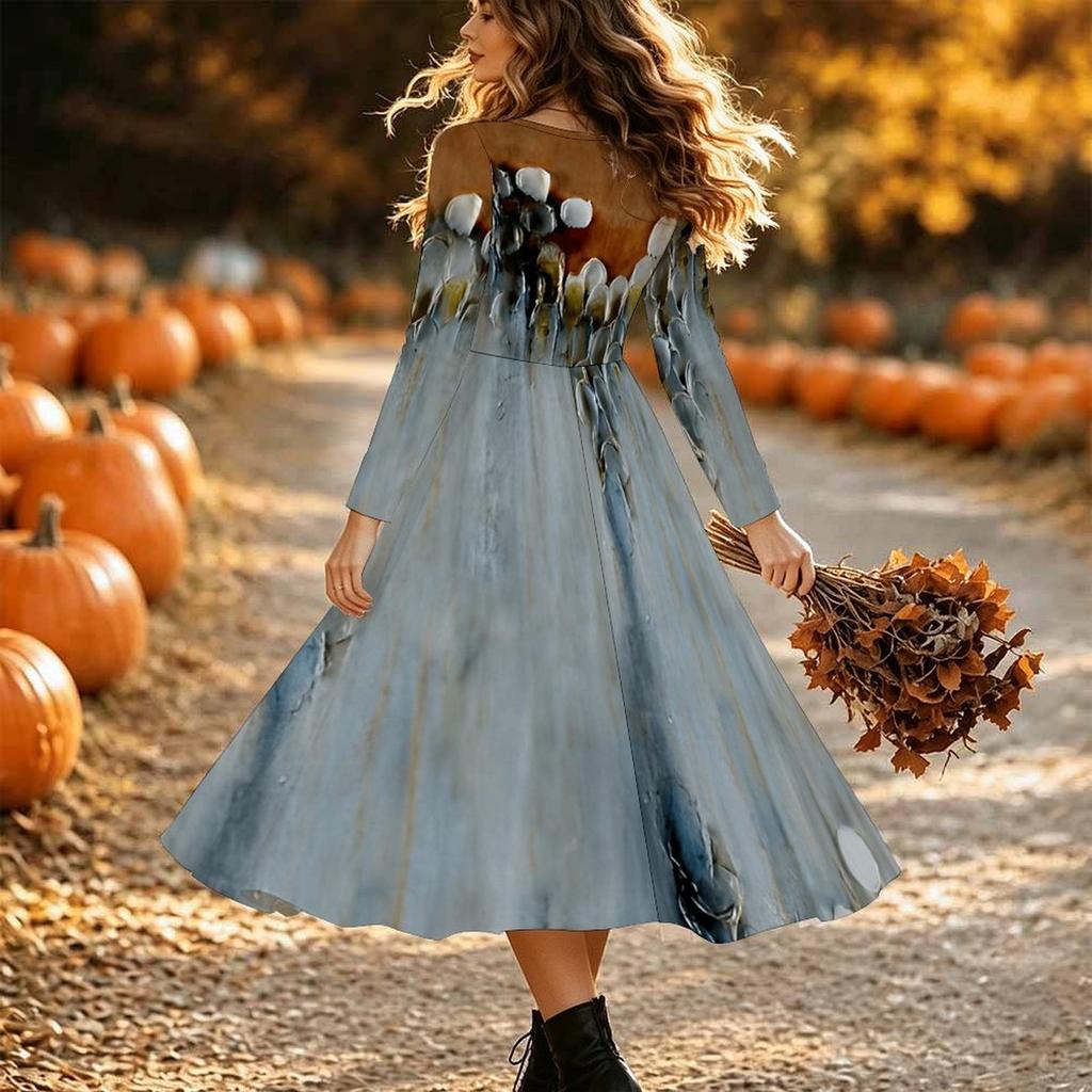 Halloween Women's Floral Print Midi Dress A Line Dress Vacation Casual Daily Regular Fit Long Sleeve V Neck Black Spring Fall