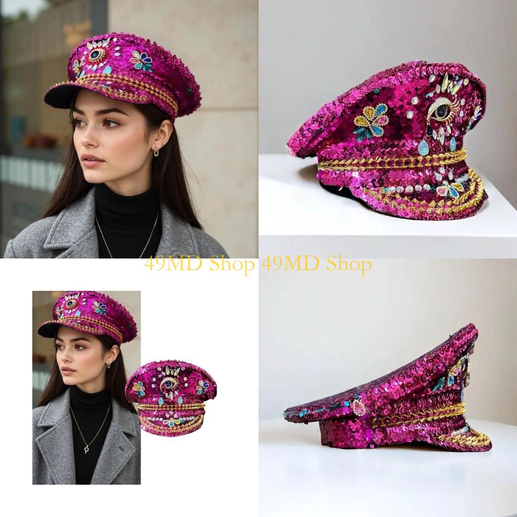 49MD Sparkly Bride Hat Heavy Crystal Sequins Captain Hat for Actress Live Show CN