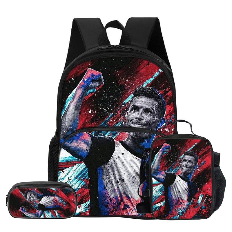 3 Pcs Set with Front Pocket Backpack Ronaldo with Thermal Insulated Lunch Tote Purse CR Pencil Case Football Star Rucksack