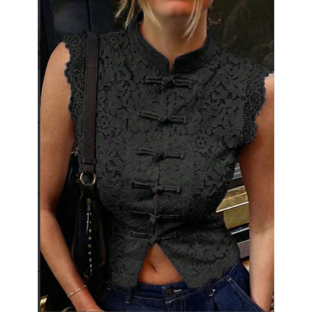 

women s shirts, solid color, slim fit and thin, comfortable temperament, lace hollow sleeveless shirt, new Chinese overseas warehouse XL чорний