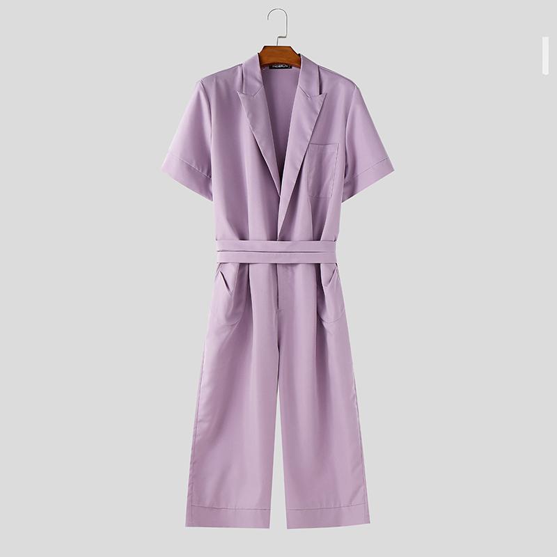 

INCERUN Men Lapel Neck Short Sleeve Lace-up Solid Color Casual Zipper Long Jumpsuits 2XL фіолетовий