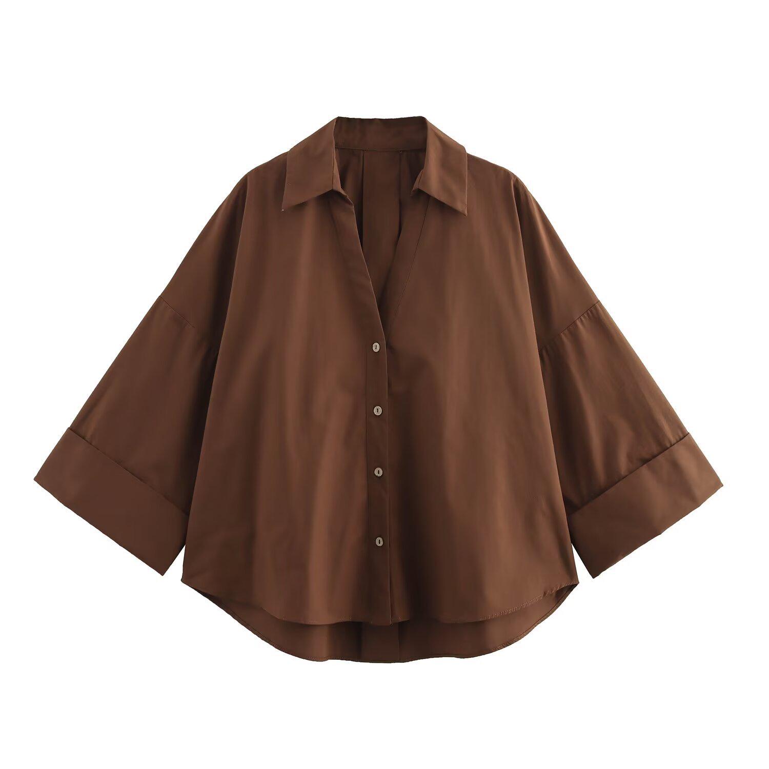 

Spring 2025 Women s Loose V-Neck Poplin Shirt with Wide Sleeves S