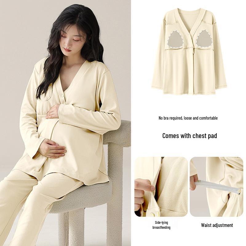 Autumn Pure Cotton Maternity Pajamas with Breast Pads - Perfect for Postpartum and Breastfeeding