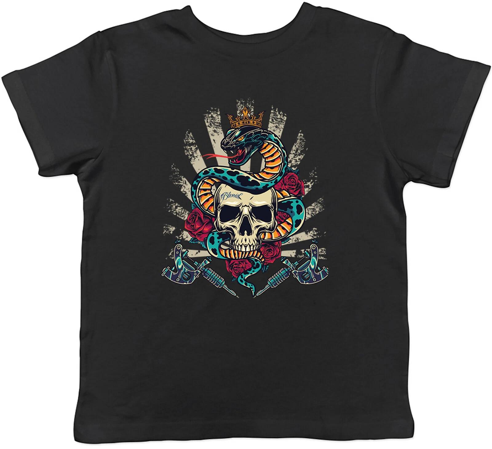 Детская футболка Король Черепов Татуировка Залитая Чернилами Змея Готическая Подарок для Мальчиков и Девочек 100