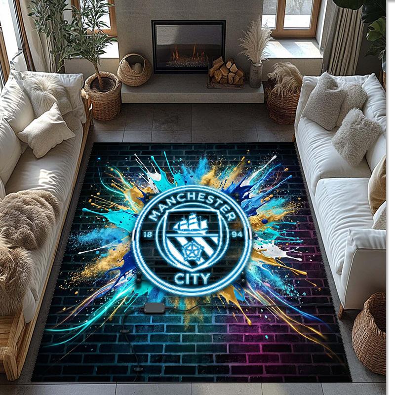 Manchester City Printed Flannel Area Rug Non Slip Soft Polyester Floor Carpet Indoor Decor Mat for Bedroom Living Room Sofa