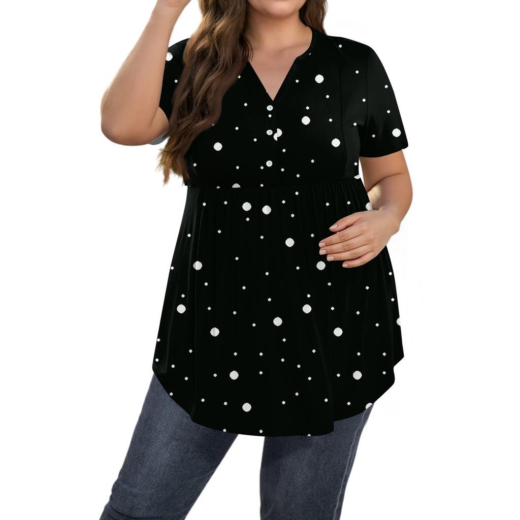 Kadın Baskılı Büyük Beden V Yaka Düğmeli Üst Günlük Kısa Kollu Bol Üst