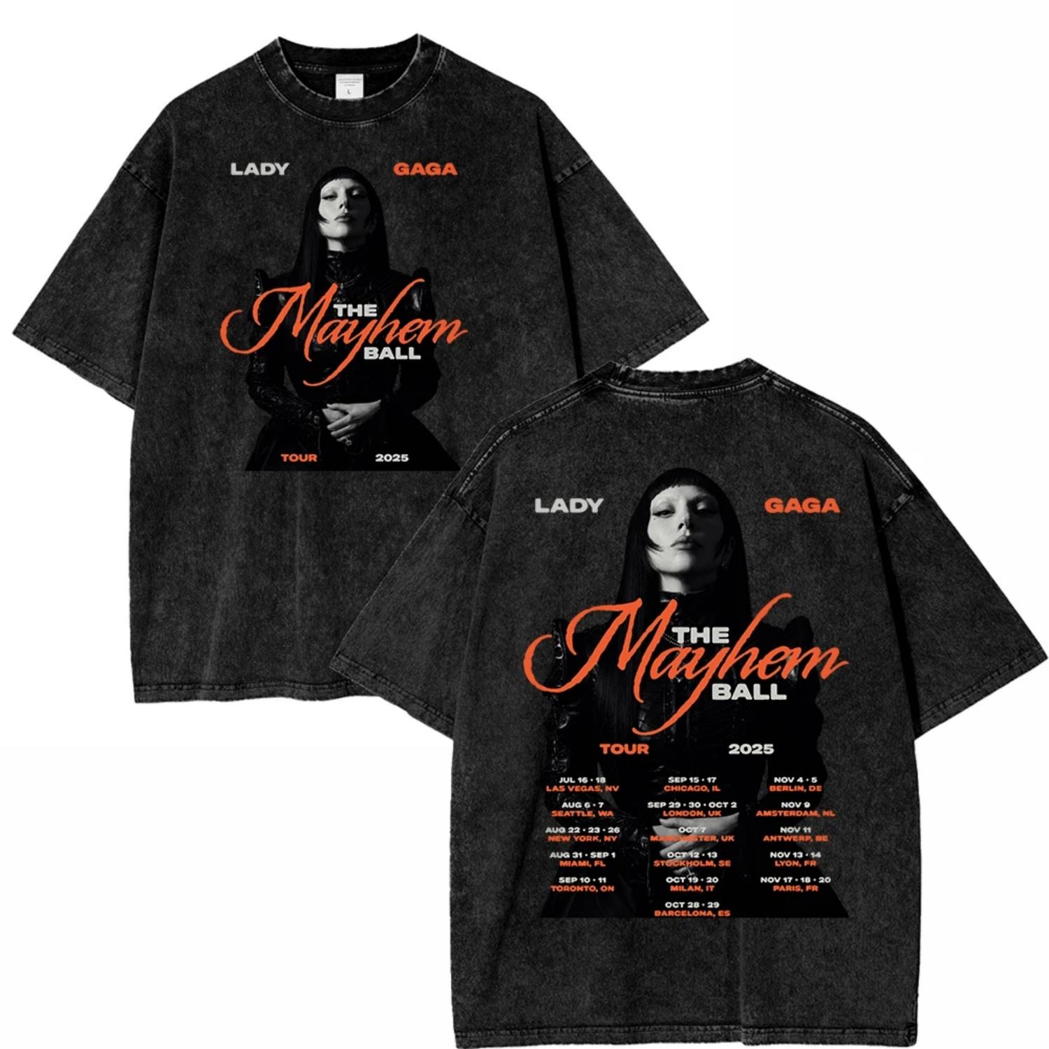 

Vintage Washed Lady Gaga The Mayhem Ball Tour 2025 T Shirt Fashion Men_Women Aesthetic High Quality Acid Wash 100% Cotton Tees S чёрный