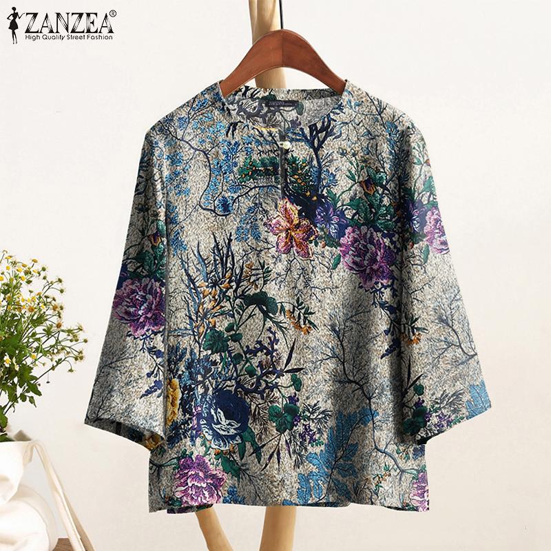 ZANZEA Blusa Casual de Cuello Redondo y Manga 3/4 con Estampado Étnico para Mujer