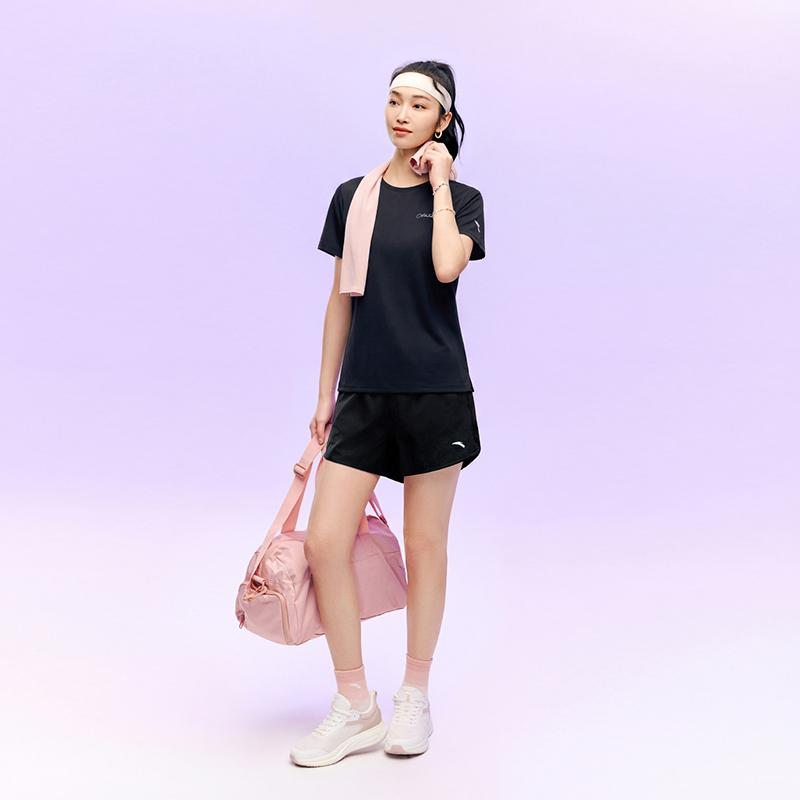Anta Plain Round Neck Pullover Short Sleeve Sports Set Comfortable Feather Tennis Running Training Shorts Women Sets Basic-Black 962627208-5