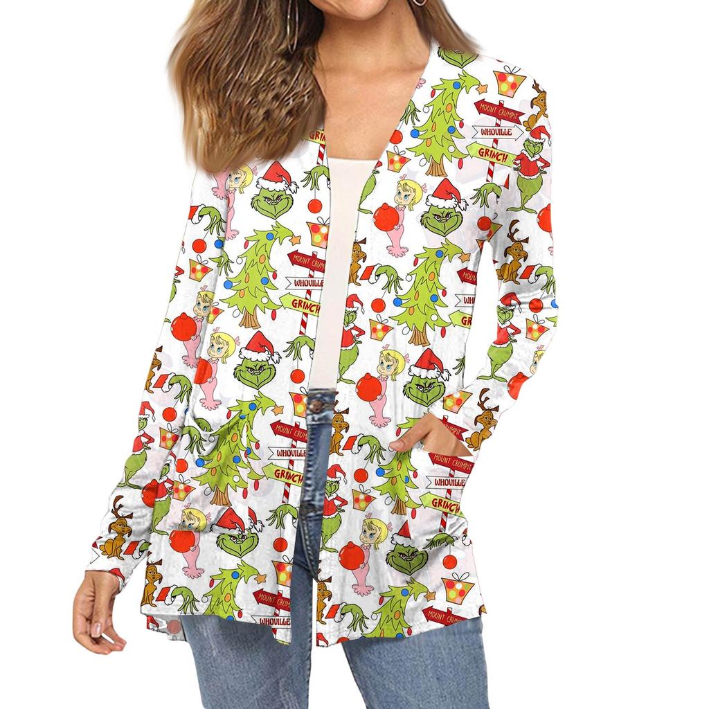 Women's Fashion Christmas Print Long-Sleeved Pocketed Slim-Fit Cardigan Coat