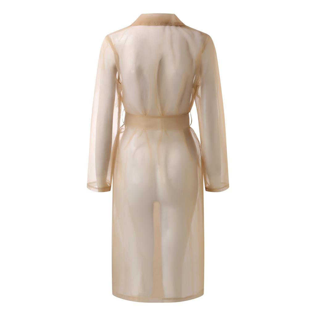 Jackets For Womens Mesh Transparent Overcoat Long Sleeve Buttoned Coat With Belt Turndown Collar Light Weight Long Jackets