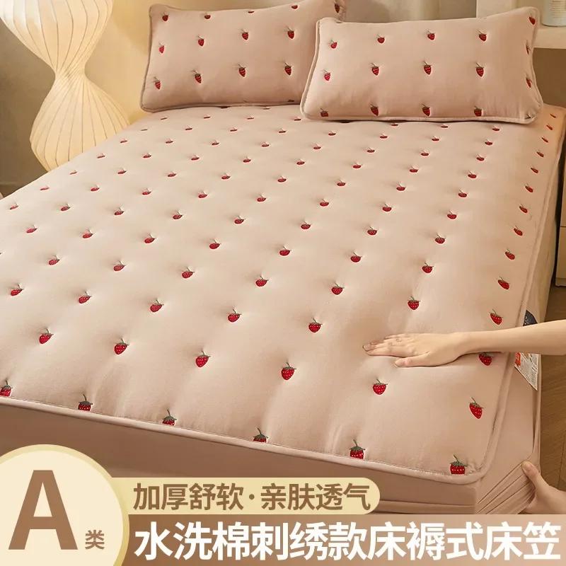 Thickened Oversized Soft Mattress Protector, Solid Color Fitted Sheet, Embroidered Mattress Cover