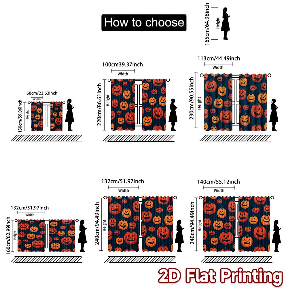 Set Of 2 Flat Printing Curtains Without Rod Halloween Haunted House Easter Holiday Durable Polyester Fabric Curtain