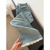 Blue Lace Nine-Point Jeans for Women, New Spring and Summer Style, Plus Size, Flattering for Pear-Shaped Body, Stretchy Straight-Leg Flared Pants