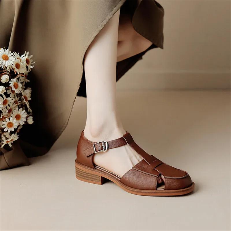 Fashion 2025 Summer Sandals Cowhide Round Toe Women Sandals Chunky Heel Women Shoes Cover Toe Shoes for Women Hollow Out Mary Jane Shoes