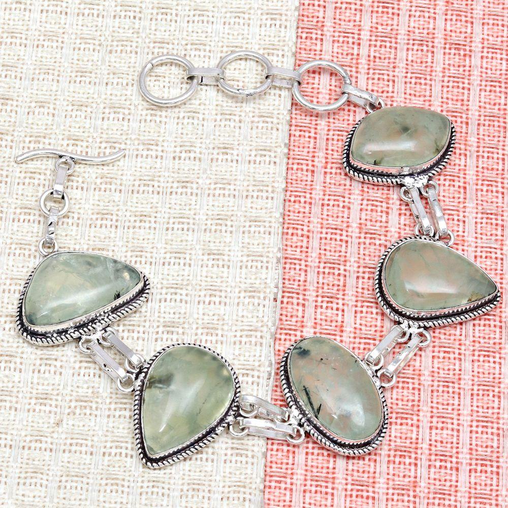 Prehnite Cabochon Gemstone Silver Jewelry Bracelets 7''Adjusable