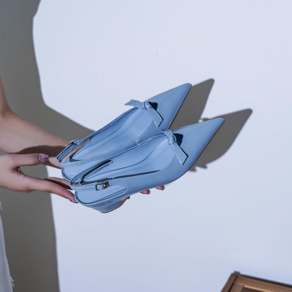 Sheepskin version~ pointed bow sandals women's inner height increase empty French light mouth temperament Mary Jane bag head sandals