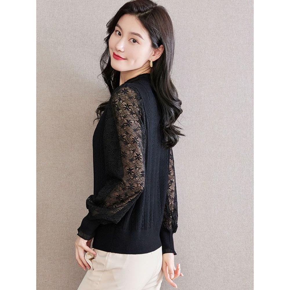New Spring Women's Lace Lantern Sleeve Hook Flower Hollow Knitted Shirt Thin Edition Ear Collar Short Edition Bottom Top