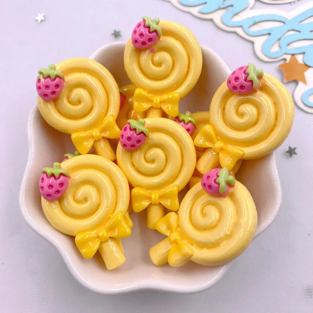 Painted Colorful Resin Strawberry lollipop Lollipop Flatback Cabochon Stone Figurines 10pcs DIY Bow Accessories Scrapbook Crafts