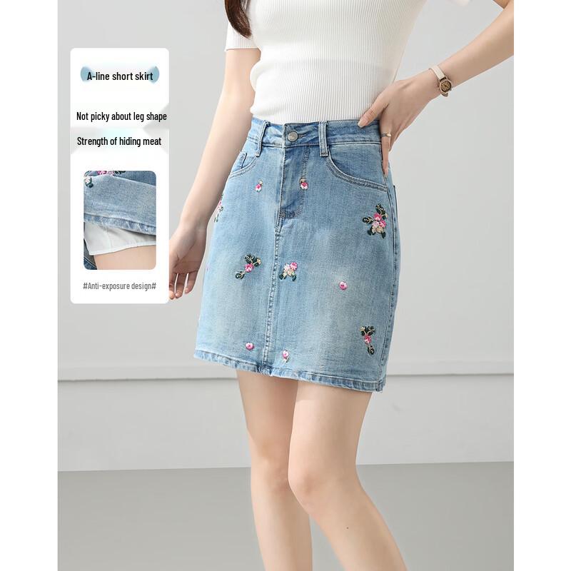 TERRE BLEUE Women s Embroidered Denim A-Line Short Skirt XL