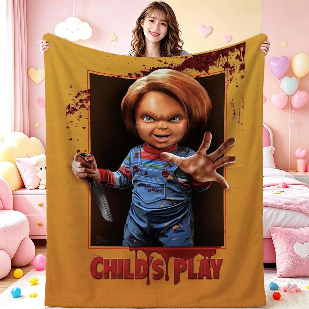 Good Guys Classic Horror Doll Pattern Theme Flannel Blanket Warm Comfortable Fleece Blanket For Office Sofa Party Decor Halloween Gift