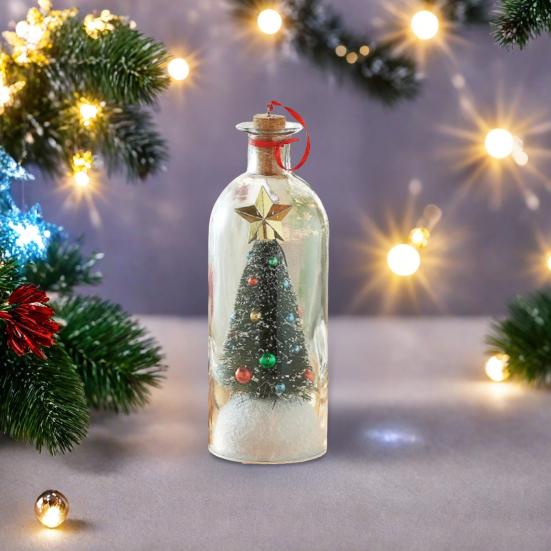 Christmas Tree Message in A Bottle Recordable Voice Message Ornament with Cork Holiday Greeting Glass Bottle with Snowy Scene Festive Gift