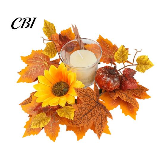 Pillar Candle Holder Autumn Fall Rings Wreaths, Artificial Maple Leaf Ring for Berry And Pumpkin Decor Holder, Thanksgiving Halloween Home Party Table